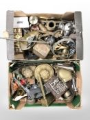Metal wares including die cast German Luger pistol lacking magazine, candlesticks, brass vessels,