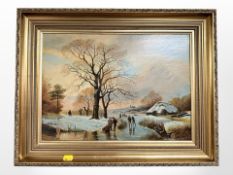 M R Prenelle : Dutch scene with figures on a frozen stream, oil on board,