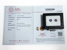 A pair of purple amethyst heart faceted cut loose gemstones, 6.42ct, with certification.