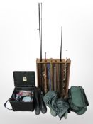 A group of fishing rods including Leeda 2xl carp rod, Abu Garcier, Jarvis Walker Mirage 10' rod,