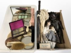 A group of German cut throat razors in box, assorted dressing table brushes, oriental parasol,