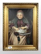 Danish School : Lady plucking a duck, oil on canvas, 25 cm x 37 cm.