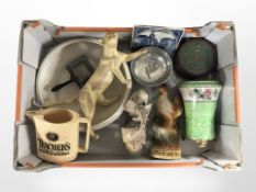 A Maling lustre vase, silver plated quaiche, polished stone figure of elephants,