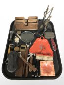 Miscellaneous including a desk seal, Swiss Army style knife, scales, magnifying glass,