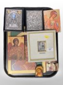 A group of reproduction Russian religious icons and an Italian silver overlaid picture.