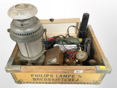 A vintage oil lamp, assorted gauges and meters, woodworking plane, Proxxon dremel and other tools.