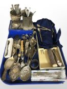 Assorted EPNS cutlery, candle snuffers, tankards,