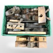 Assorted antique wooden wood working planes, spirit level,