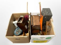 Assorted wooden wares, mantel clock, boxes, clogs, wood working plane,