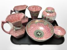 Six pieces of Maling pink lustre china