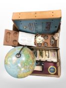 A terrestrial globe, several Lledo die cast cars, Warri game with instructions,