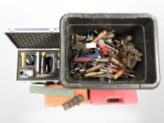 Assorted hand tools, number 4 wood working plane, boxed staple gun, socket set,