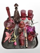 A group of Victorian Cranberry glass items, silvered glass decanter, naturalistic bud vase,