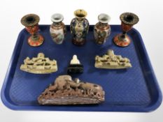 Three Chinese soapstone carvings, carved bone figure of Buddha, Kashmir painted candlesticks,