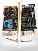 A pickaxe and two boxes of trolley castors, Powerfix combination square, gas stove,