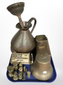 A 1 gallon copper jug, brass bell, table box,