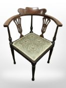 Two late Victorian mahogany and satin inlaid corner armchairs.