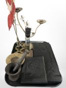 A table lamp made from an inert ammunition shell, together with cast iron pestle and mortar,