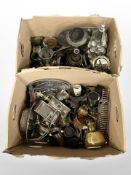 Assorted metal wares, stainless steel kitchen items, toast racks, brass oil lamp base,