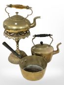 Two 19th century brass kettles, saucepan,