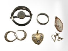 A group of jewellery including two pairs of 9ct gold earrings, rolled gold locket,