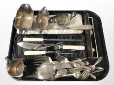 A group of EPNS cutlery, carving set, sauce boats, mug, etc.