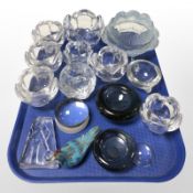 Scandinavian glass tea light holders including Kosta Boda, paperweight in the form of a bird,