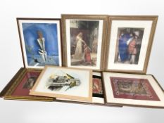 Seven various pictures and prints including an oil painting on canvas of two budgerigars,