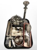 Assorted silver plated wares; cutlery, candlestick, bottle holder, three pocket knives,