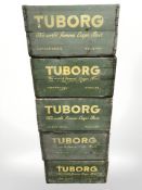Five painted pine Tuborg bottle crates, each 47 cm wide.