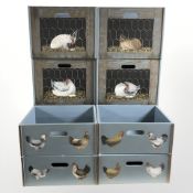 Ten wooden drawers painted with poultry, largest 40 cm wide.