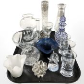 A cut glass blue flash dressing table bottle with stopper, further glass vases, dolphin paperweight,