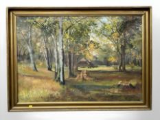 E Landberg : A logging hut in a forest, oil on canvas, 66 cm x 96 cm.