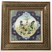 Early 20th century Indian school : A lady and gentleman drinking tea, gouache on circular panel,