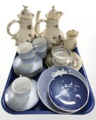 Two KPM porcelain teapots, further milk jug, Bing & Grondahl teacups on saucers,