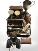 A group of metal wares including pair of brass pricket candlesticks, silver plated trophy, tankard,