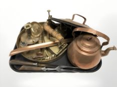 Assorted brass and copper wares, including teapot, oil cans, shallow dish,
