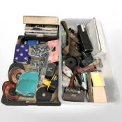 A quantity of tools and hardware, hand tools, grinding discs, mortice lock, etc.