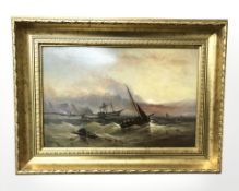 19th century English School : Boats salvaging a shipwreck in rough seas, oil on board,
