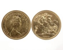 An Elizabeth II gold full sovereign 1980