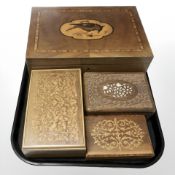 Four various inlaid wooden table boxes, some containing spools of thread and similar items.