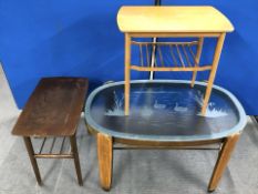 A 20th century continental walnut glass topped low table and two further tables