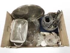 Assorted EPNS cutlery, oval platter, serving dish, glass grapefruit bowls,