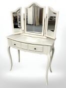 A modern cream mirror back bow front dressing table, 85 cm x 42 cm x 134 cm.