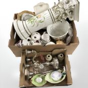 A pottery jardiniere on stand, assorted ceramics, silver plated candelabrum, etc.