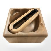 A vintage Danish wooden nutcracker and bowl labelled Digsmed Design, Denmark, width 18 cm.