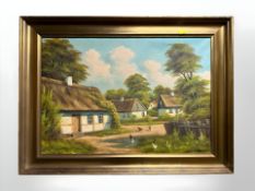 H Borno : Poultry and thatched cottages, oil on canvas, 43 cm x 63 cm.