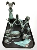 An Anglia turquoise-glazed pottery figure of a pheasant and nine further similar animal figures.