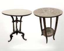 An early 20th century carved beech occasional table and a further gilt and ebonised table