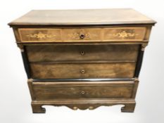 A 19th century continental walnut and satinwood inlaid four drawer chest, 97 cm x 49 cm x 87 cm.